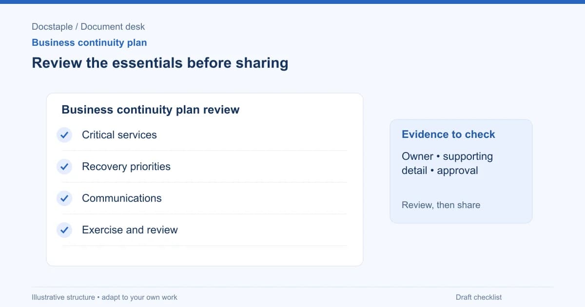 Review the essentials before sharing: Critical services; Recovery priorities; Communications; Exercise and review.