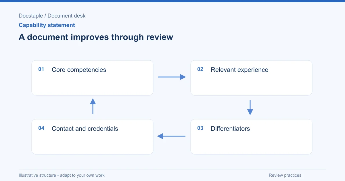 A document improves through review: Core competencies; Relevant experience; Differentiators; Contact and credentials.