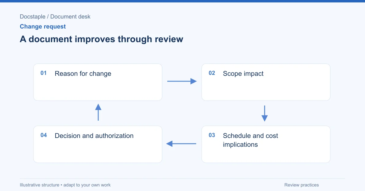 A document improves through review: Reason for change; Scope impact; Schedule and cost implications; Decision and authorization.