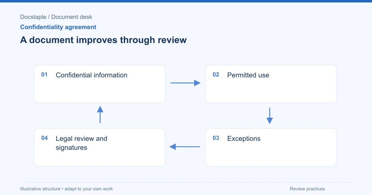 A document improves through review: Confidential information; Permitted use; Exceptions; Legal review and signatures.