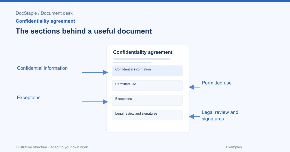 The sections behind a useful document: Confidential information; Permitted use; Exceptions; Legal review and signatures.