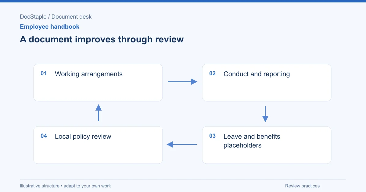 A document improves through review: Working arrangements; Conduct and reporting; Leave and benefits placeholders; Local policy review.