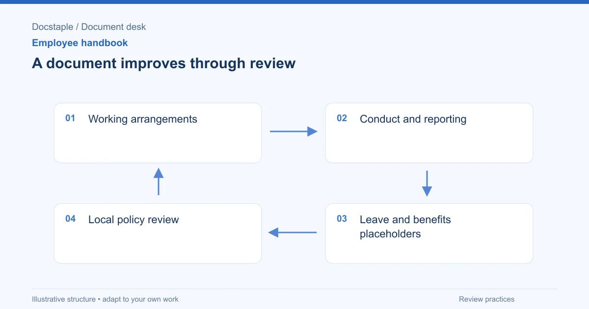 A document improves through review: Working arrangements; Conduct and reporting; Leave and benefits placeholders; Local policy review.