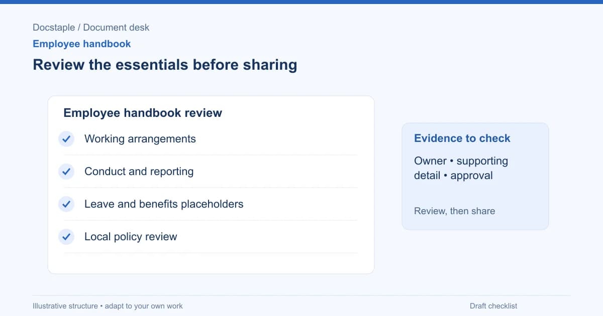 Review the essentials before sharing: Working arrangements; Conduct and reporting; Leave and benefits placeholders; Local policy review.