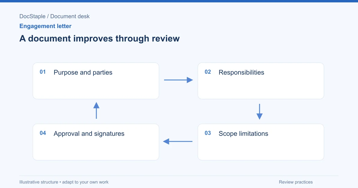 A document improves through review: Purpose and parties; Responsibilities; Scope limitations; Approval and signatures.