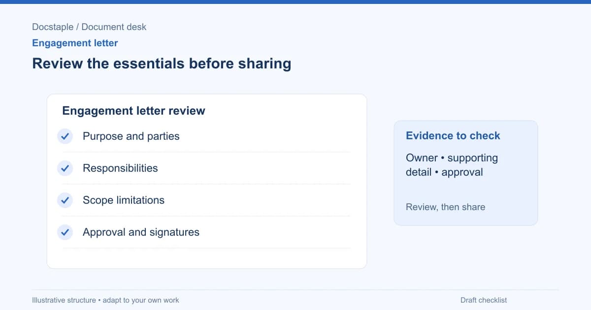 Review the essentials before sharing: Purpose and parties; Responsibilities; Scope limitations; Approval and signatures.