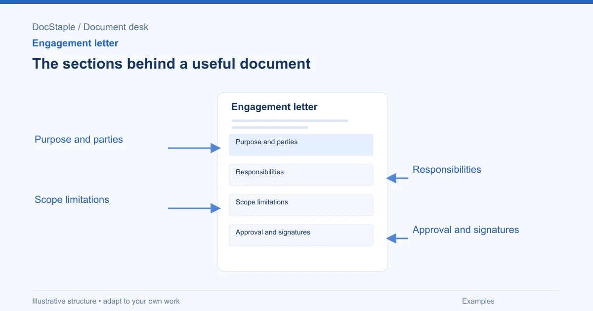 The sections behind a useful document: Purpose and parties; Responsibilities; Scope limitations; Approval and signatures.