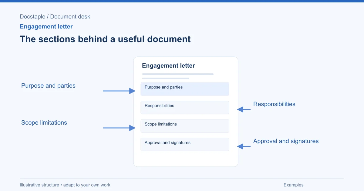 The sections behind a useful document: Purpose and parties; Responsibilities; Scope limitations; Approval and signatures.
