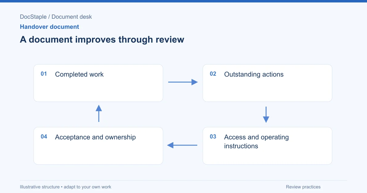 A document improves through review: Completed work; Outstanding actions; Access and operating instructions; Acceptance and ownership.