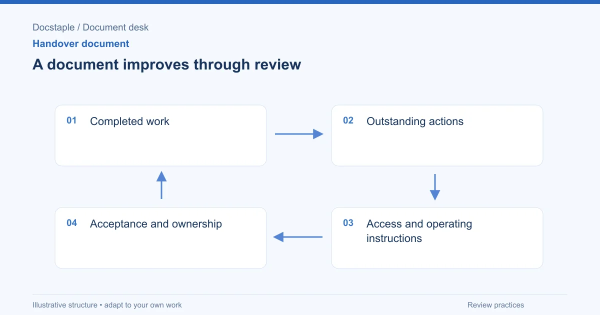 A document improves through review: Completed work; Outstanding actions; Access and operating instructions; Acceptance and ownership.