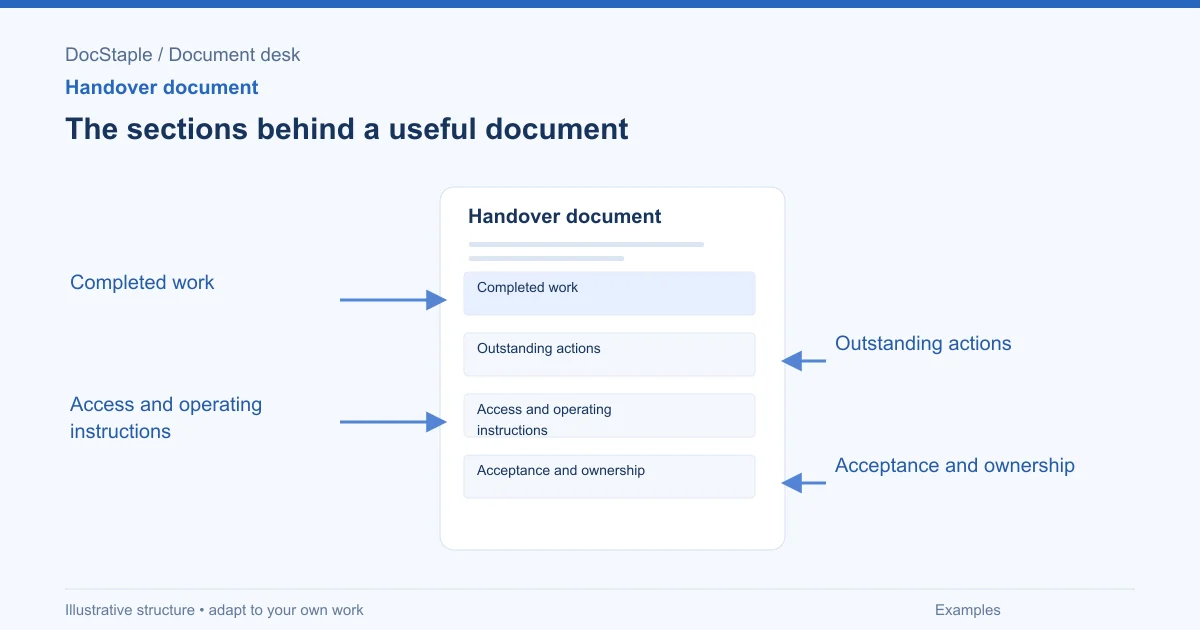 The sections behind a useful document: Completed work; Outstanding actions; Access and operating instructions; Acceptance and ownership.