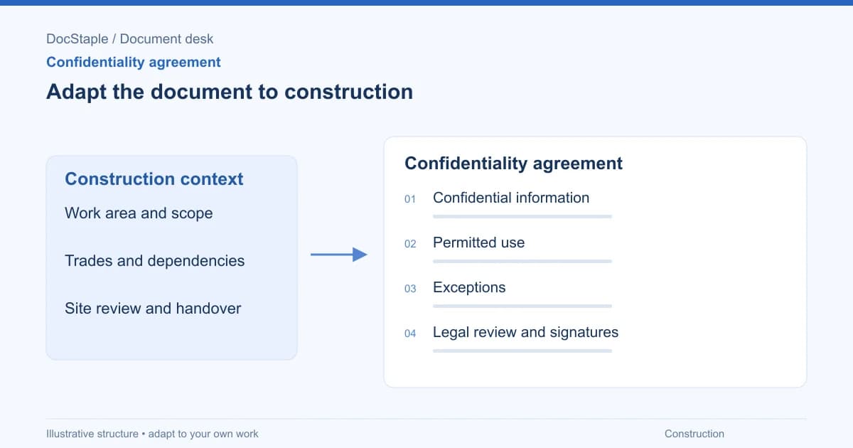 Adapt the document to construction: Confidential information; Permitted use; Exceptions; Legal review and signatures.