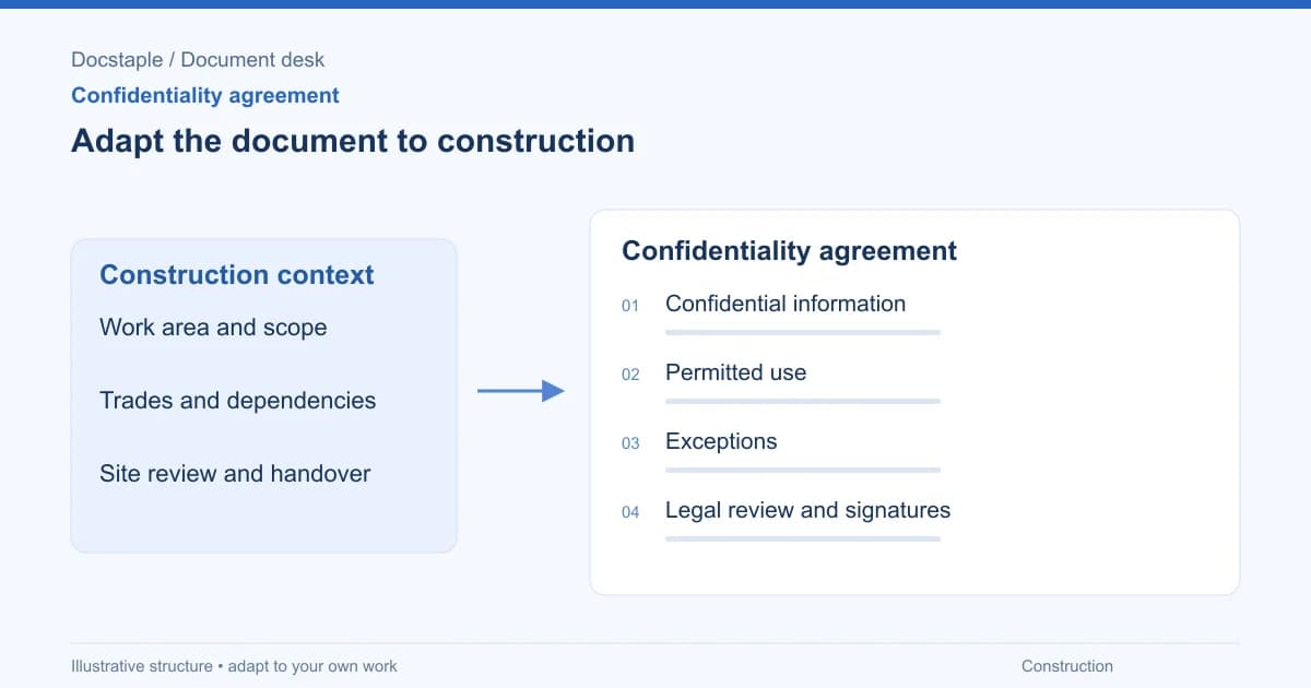 Adapt the document to construction: Confidential information; Permitted use; Exceptions; Legal review and signatures.