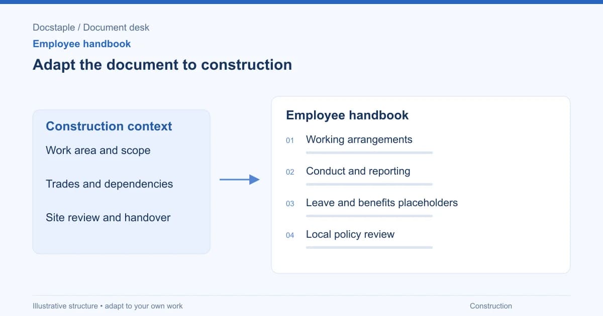 Adapt the document to construction: Working arrangements; Conduct and reporting; Leave and benefits placeholders; Local policy review.