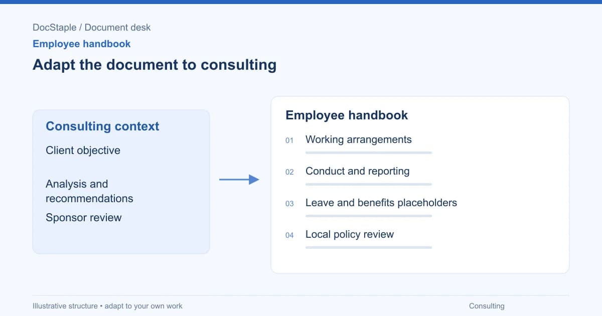 Adapt the document to consulting: Working arrangements; Conduct and reporting; Leave and benefits placeholders; Local policy review.