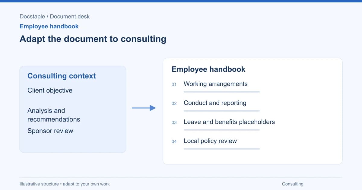 Adapt the document to consulting: Working arrangements; Conduct and reporting; Leave and benefits placeholders; Local policy review.