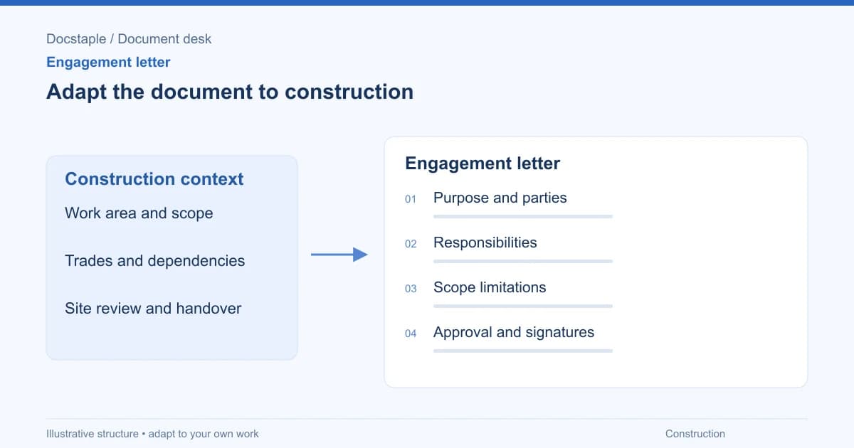 Adapt the document to construction: Purpose and parties; Responsibilities; Scope limitations; Approval and signatures.