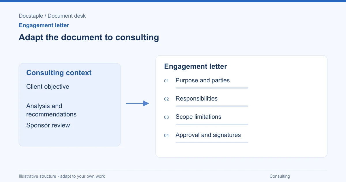 Adapt the document to consulting: Purpose and parties; Responsibilities; Scope limitations; Approval and signatures.