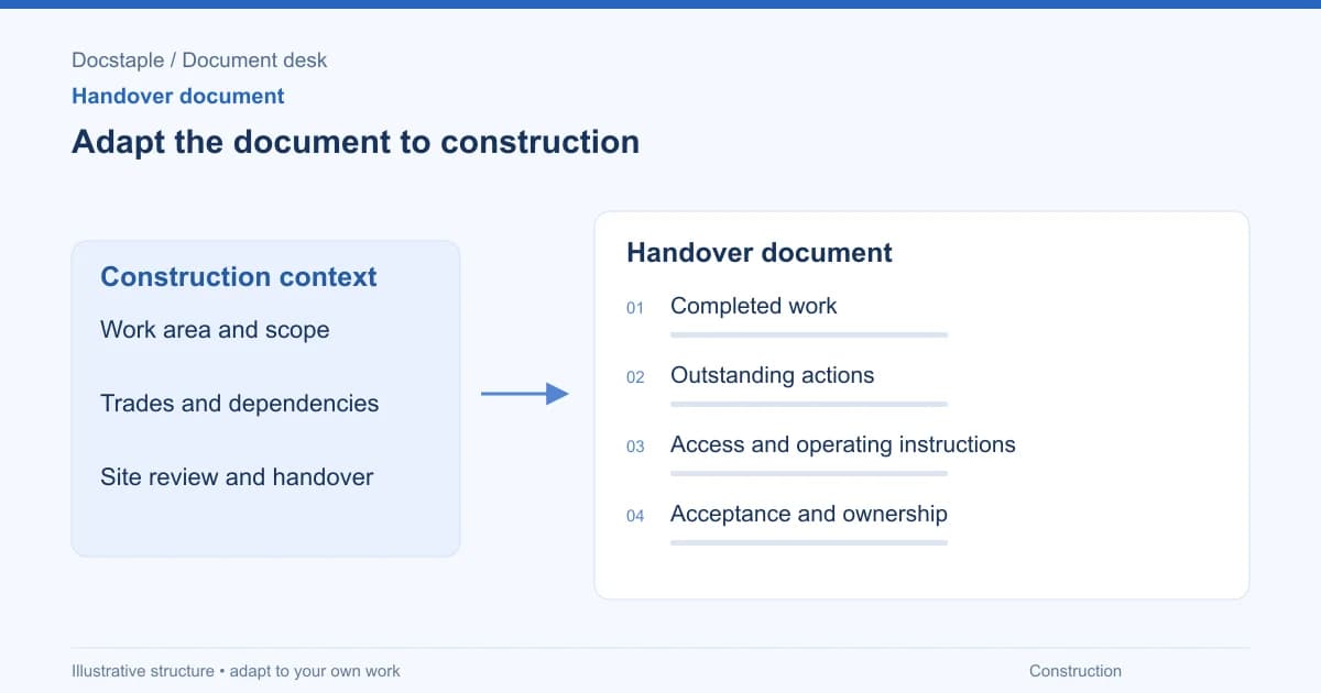 Adapt the document to construction: Completed work; Outstanding actions; Access and operating instructions; Acceptance and ownership.