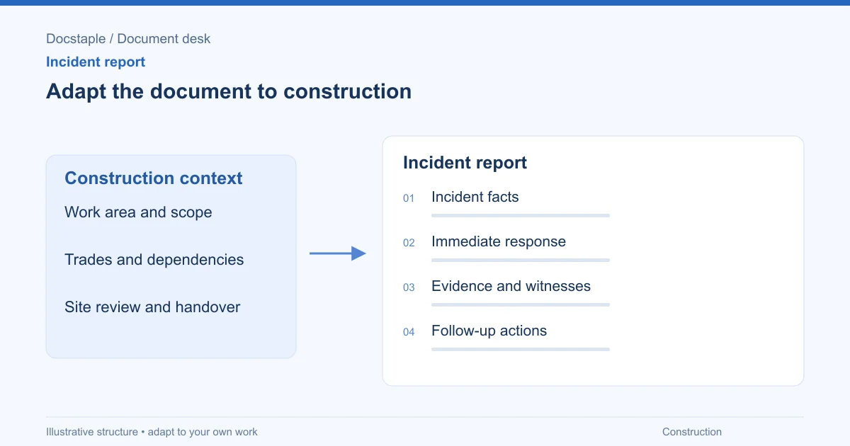 Adapt the document to construction: Incident facts; Immediate response; Evidence and witnesses; Follow-up actions.