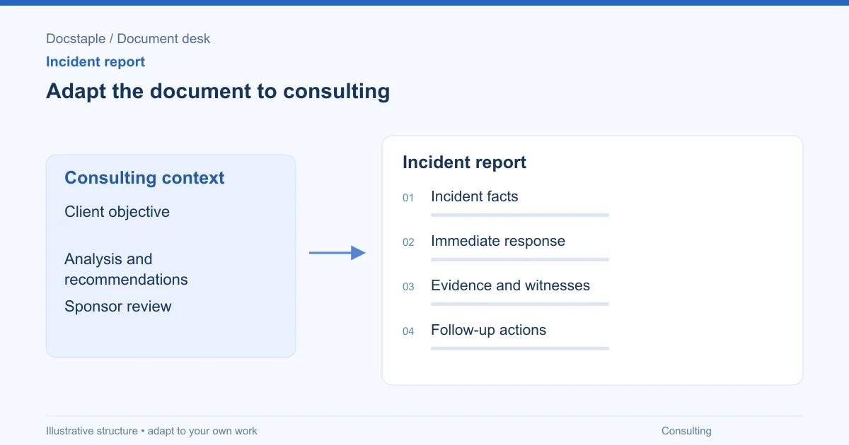 Adapt the document to consulting: Incident facts; Immediate response; Evidence and witnesses; Follow-up actions.