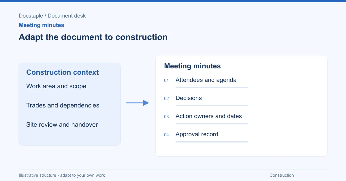 Adapt the document to construction: Attendees and agenda; Decisions; Action owners and dates; Approval record.