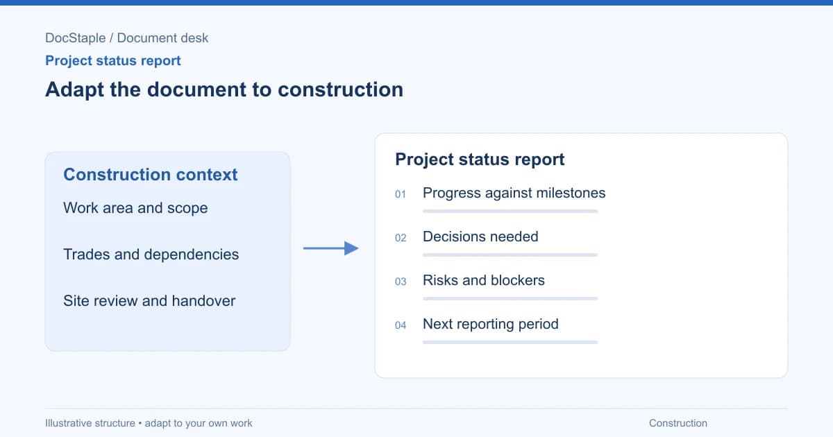 Adapt the document to construction: Progress against milestones; Decisions needed; Risks and blockers; Next reporting period.