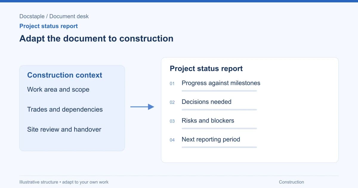 Adapt the document to construction: Progress against milestones; Decisions needed; Risks and blockers; Next reporting period.