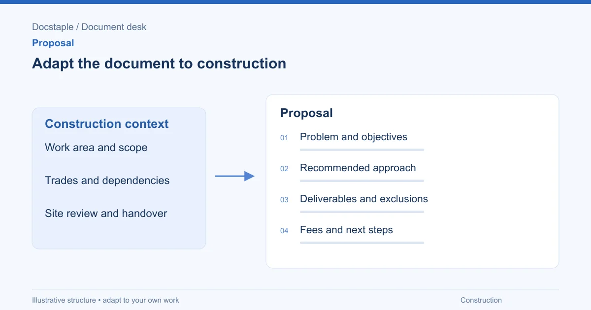 Adapt the document to construction: Problem and objectives; Recommended approach; Deliverables and exclusions; Fees and next steps.