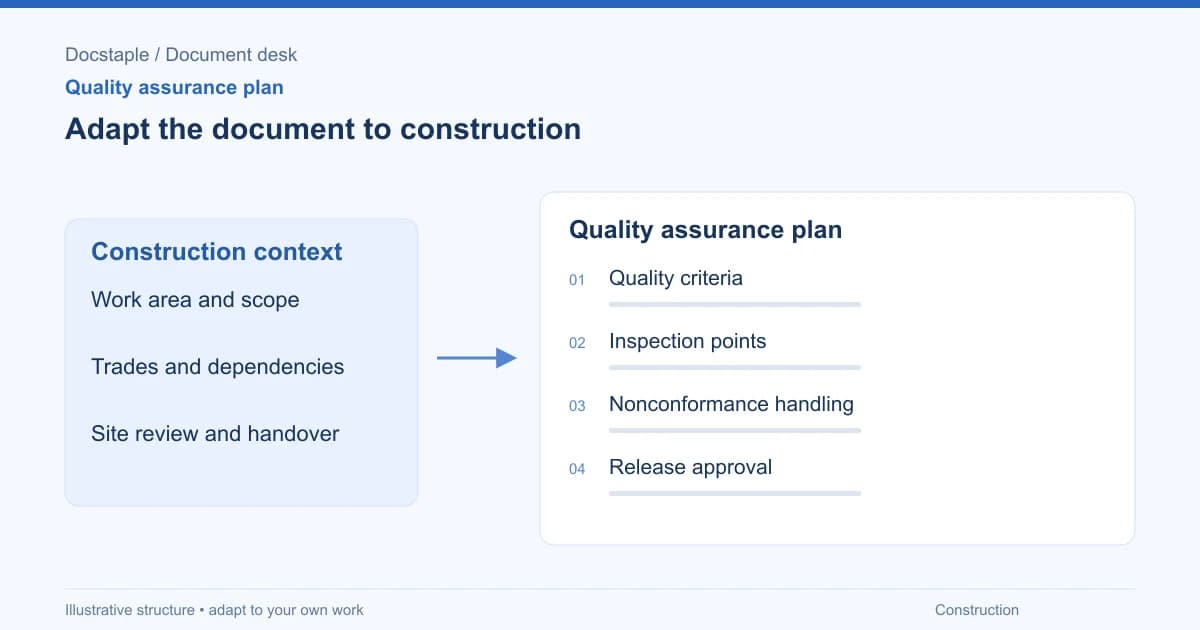 Adapt the document to construction: Quality criteria; Inspection points; Nonconformance handling; Release approval.