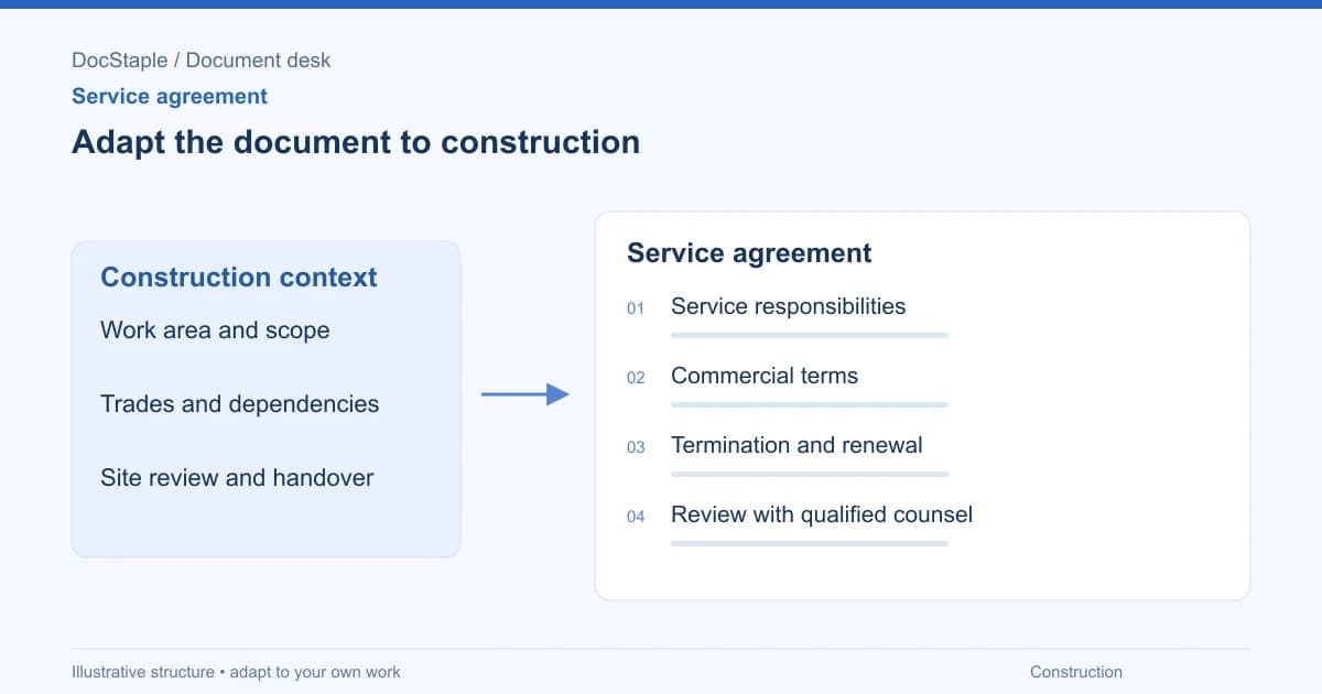 Adapt the document to construction: Service responsibilities; Commercial terms; Termination and renewal; Review with qualified counsel.
