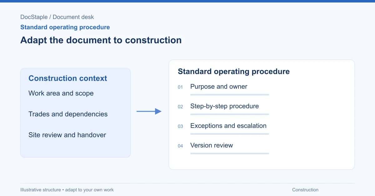Adapt the document to construction: Purpose and owner; Step-by-step procedure; Exceptions and escalation; Version review.
