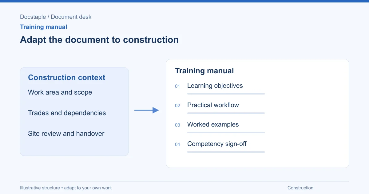 Adapt the document to construction: Learning objectives; Practical workflow; Worked examples; Competency sign-off.