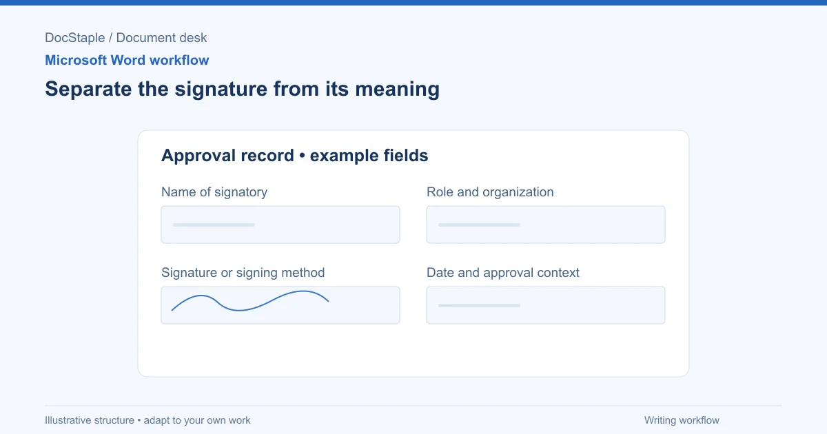 Separate the signature from its meaning: Name of signatory; Role and organization; Signature or signing method; Date and approval context.