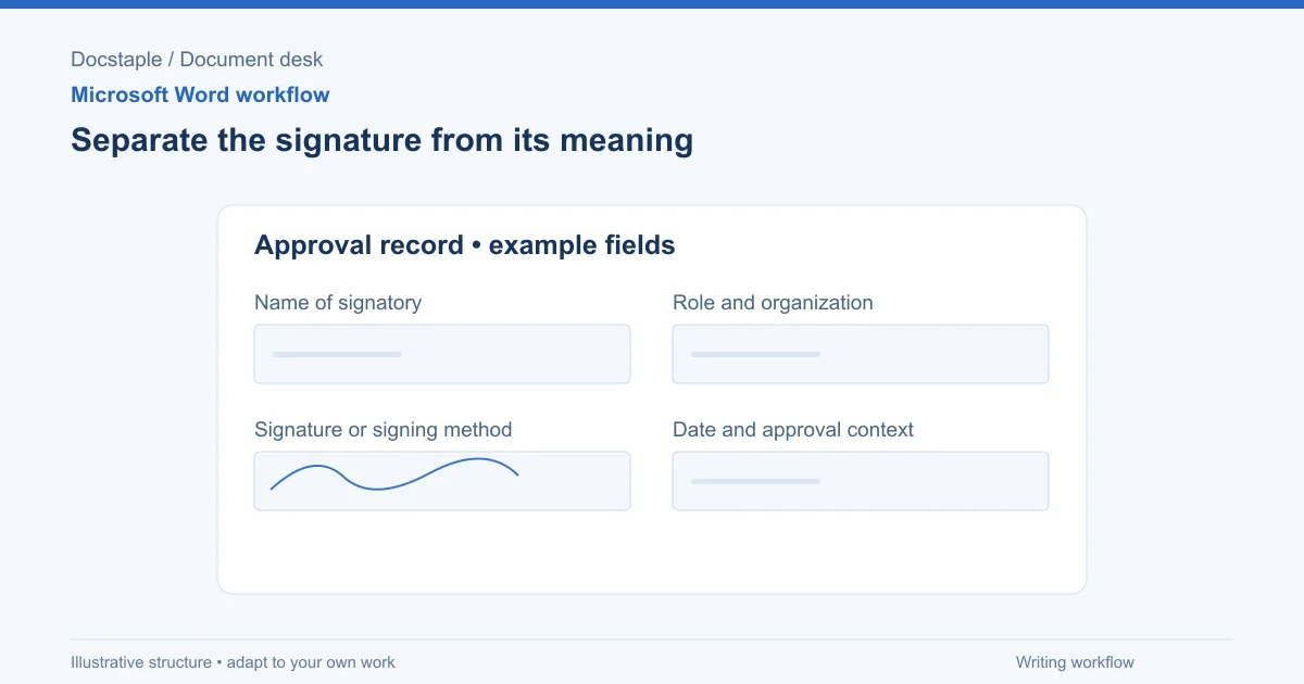 Separate the signature from its meaning: Name of signatory; Role and organization; Signature or signing method; Date and approval context.