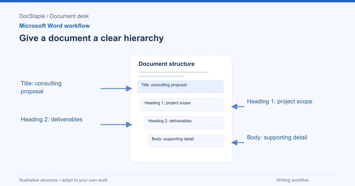 Give a document a clear hierarchy: Title: consulting proposal; Heading 1: project scope; Heading 2: deliverables; Body: supporting detail.