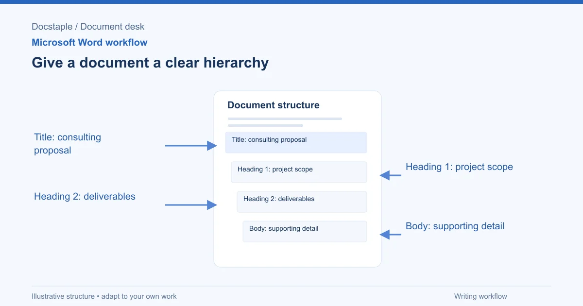 Give a document a clear hierarchy: Title: consulting proposal; Heading 1: project scope; Heading 2: deliverables; Body: supporting detail.