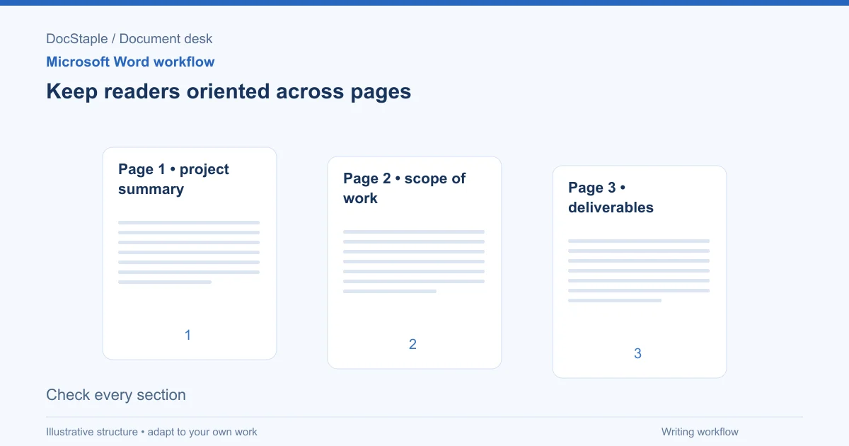 Keep readers oriented across pages: Page 1 • project summary; Page 2 • scope of work; Page 3 • deliverables; Check every section.