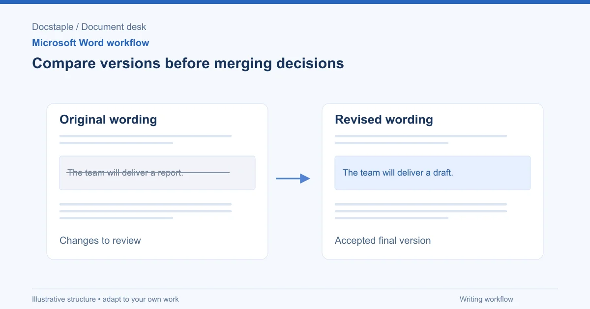 Compare versions before merging decisions: Original wording; Revised wording; Changes to review; Accepted final version.
