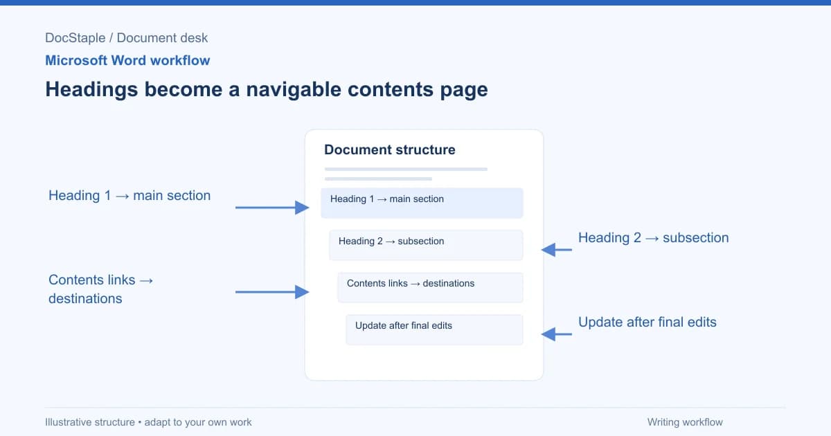 Headings become a navigable contents page: Heading 1 → main section; Heading 2 → subsection; Contents links → destinations; Update after final edits.
