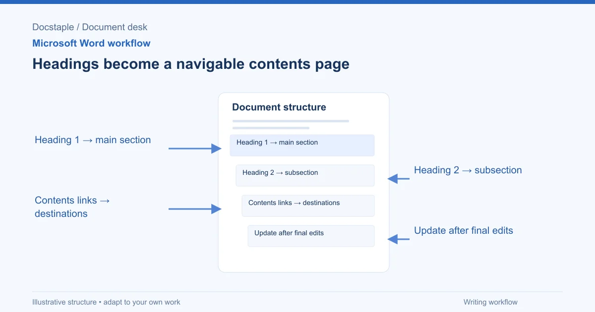 Headings become a navigable contents page: Heading 1 → main section; Heading 2 → subsection; Contents links → destinations; Update after final edits.