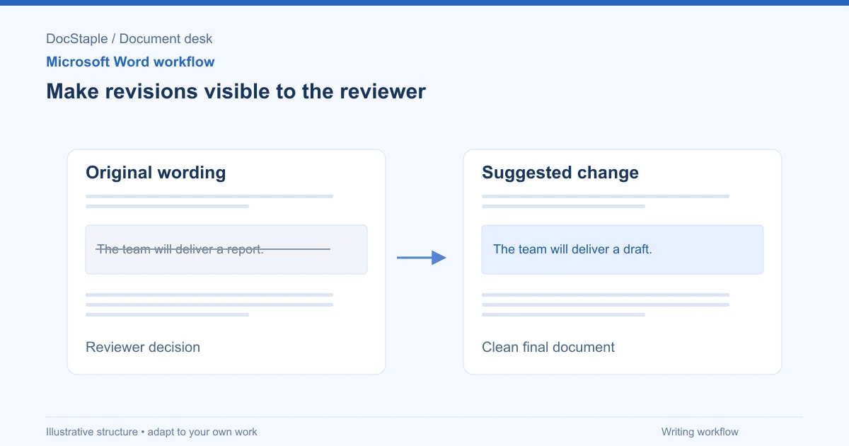 Make revisions visible to the reviewer: Original wording; Suggested change; Reviewer decision; Clean final document.