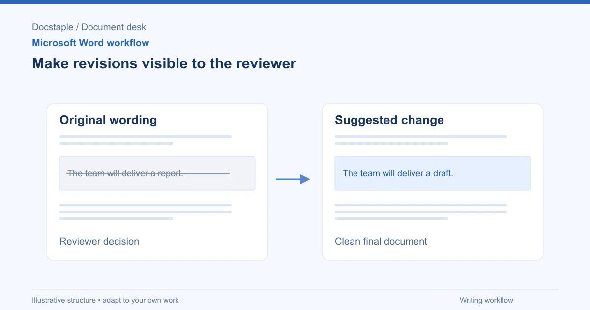 Make revisions visible to the reviewer: Original wording; Suggested change; Reviewer decision; Clean final document.