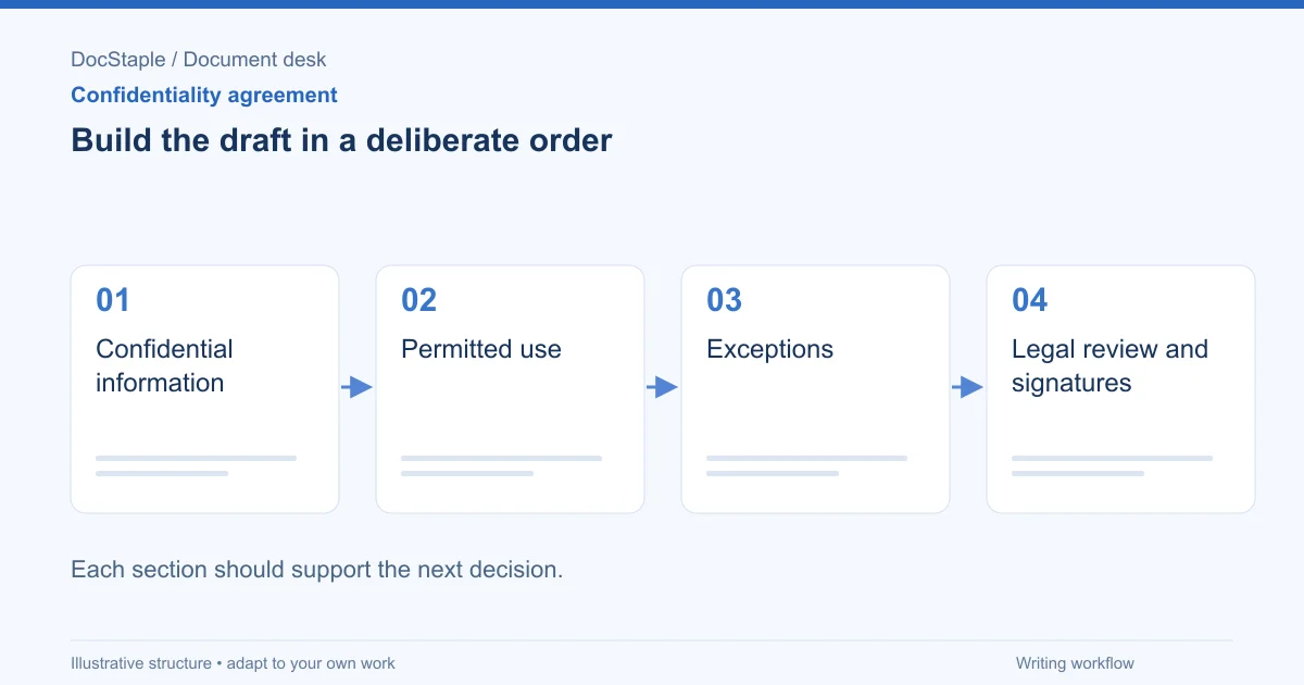 Build the draft in a deliberate order: Confidential information; Permitted use; Exceptions; Legal review and signatures.