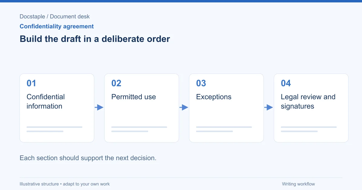 Build the draft in a deliberate order: Confidential information; Permitted use; Exceptions; Legal review and signatures.