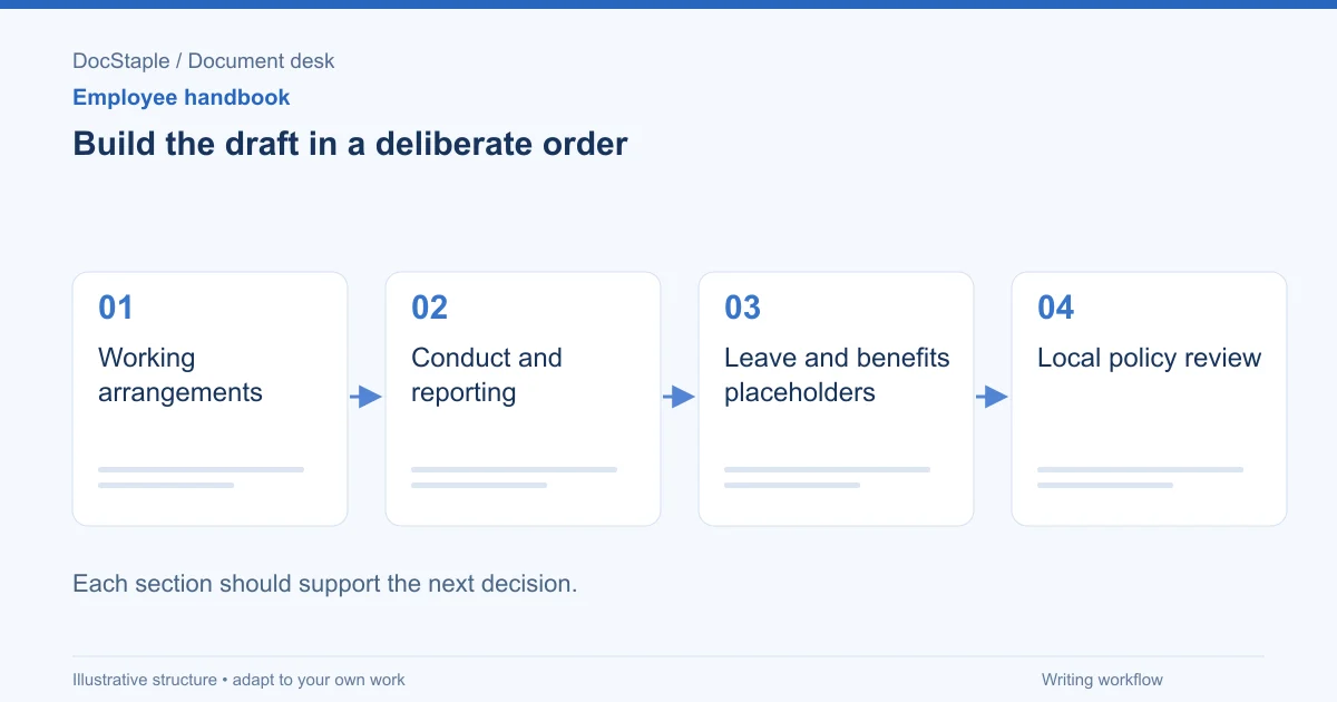 Build the draft in a deliberate order: Working arrangements; Conduct and reporting; Leave and benefits placeholders; Local policy review.