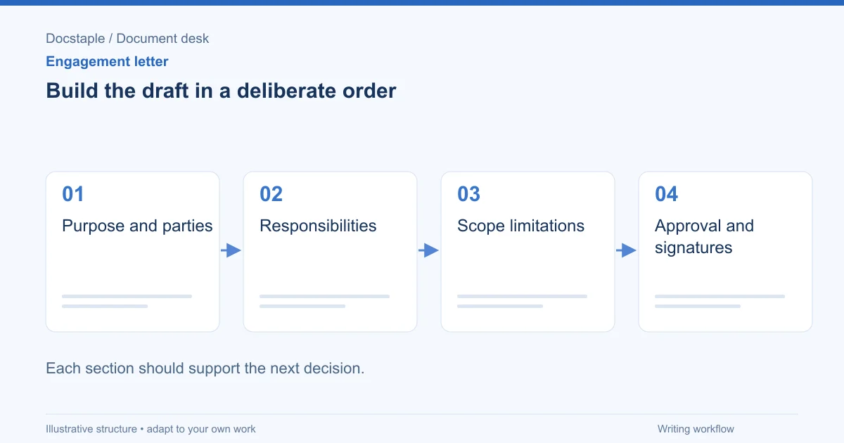 Build the draft in a deliberate order: Purpose and parties; Responsibilities; Scope limitations; Approval and signatures.