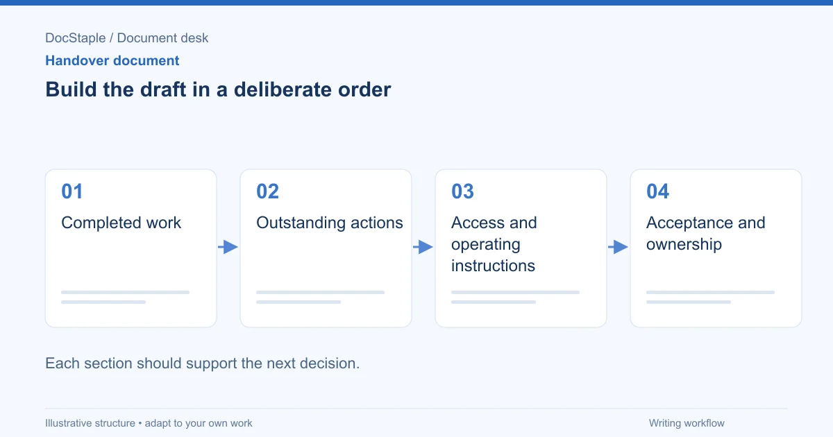 Build the draft in a deliberate order: Completed work; Outstanding actions; Access and operating instructions; Acceptance and ownership.