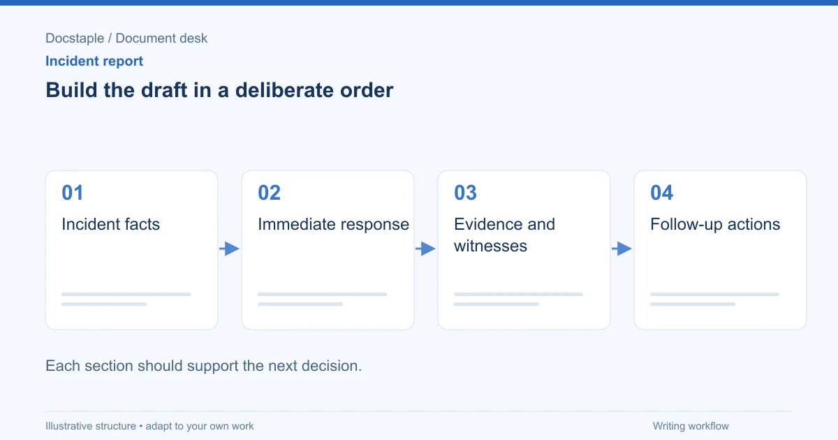 Build the draft in a deliberate order: Incident facts; Immediate response; Evidence and witnesses; Follow-up actions.