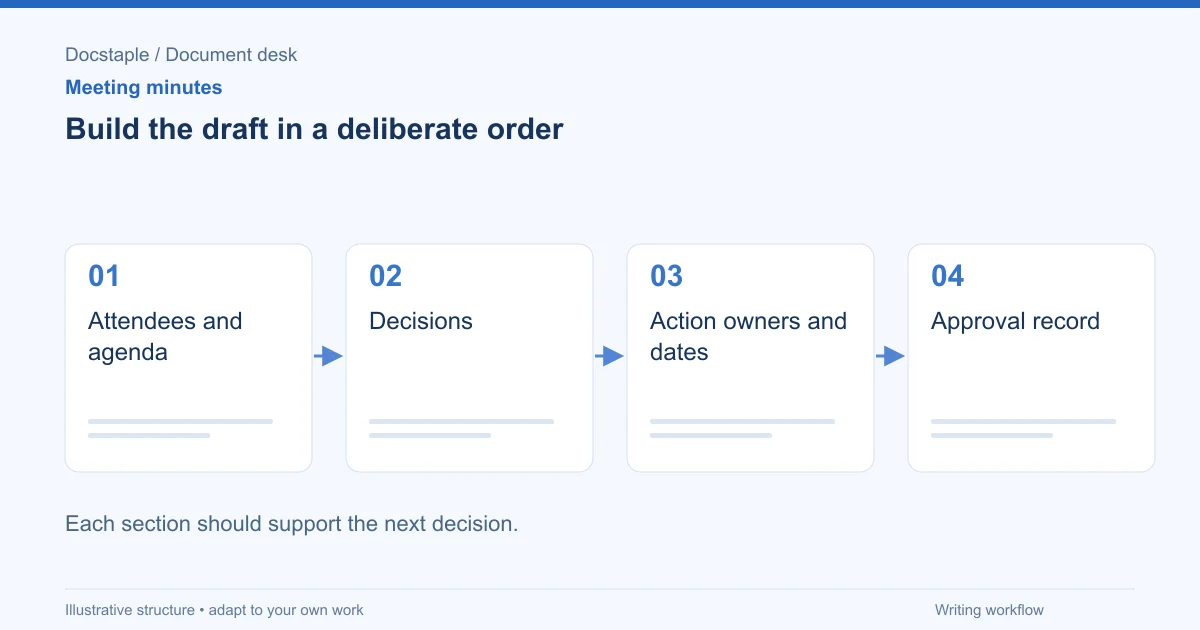 Build the draft in a deliberate order: Attendees and agenda; Decisions; Action owners and dates; Approval record.